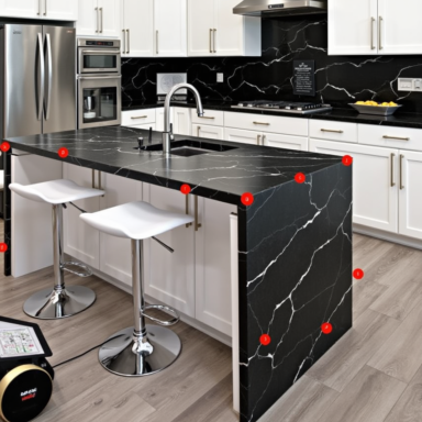 Modern kitchen with white cabinetry, black marble waterfall island, stainless steel appliances, and two white bar stools on wood flooring.